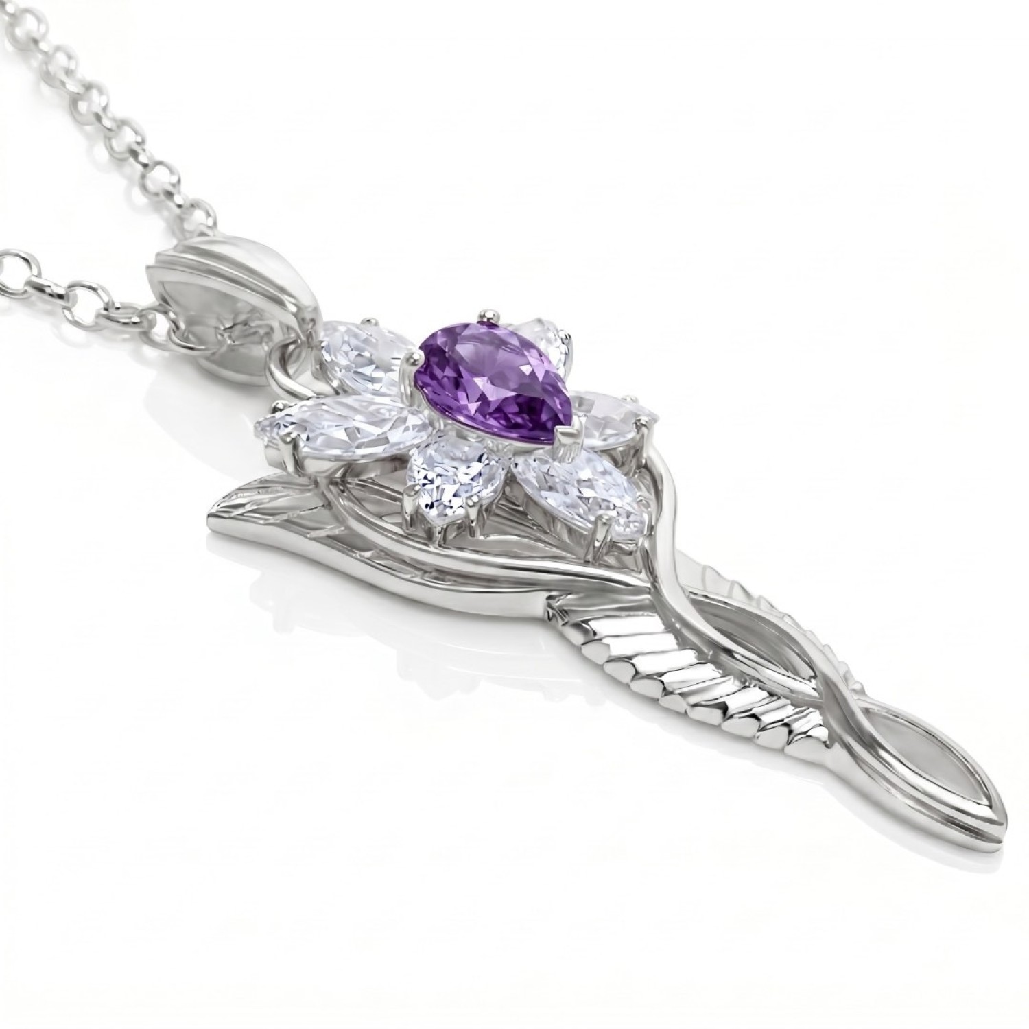 Official Arwen Evenstar pendant necklace in solid 925 sterling silver set with seven genuine natural non-heat-treated amethyst stones, claw-set, film-accurate proportions, New Line Productions licensed Lord of the Rings jewellery