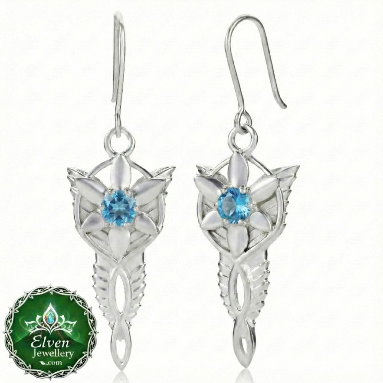 Official Arwen Evenstar drop earrings in solid 925 sterling silver with claw-set pear-cut stone, 30mm shepherd hook fitting, Art Nouveau star-and-flower design, New Line Productions licensed Lord of the Rings jewellery
