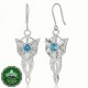 Official Arwen Evenstar drop earrings in solid 925 sterling silver with claw-set pear-cut stone, 30mm shepherd hook fitting, Art Nouveau star-and-flower design, New Line Productions licensed Lord of the Rings jewellery