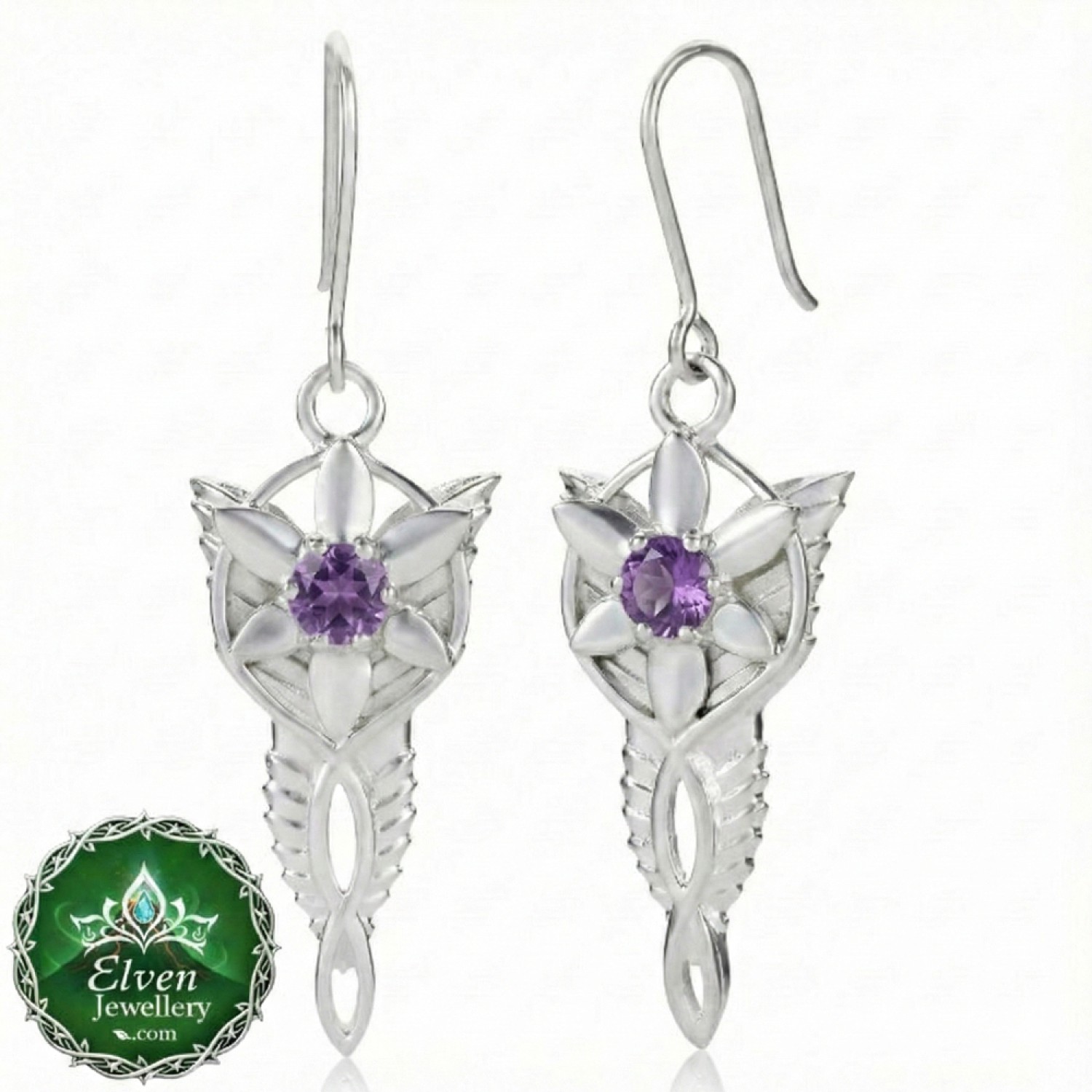 Official Arwen Evenstar drop earrings in solid 925 sterling silver with claw-set pear-cut stone, 30mm shepherd hook fitting, Art Nouveau star-and-flower design, New Line Productions licensed Lord of the Rings jewellery