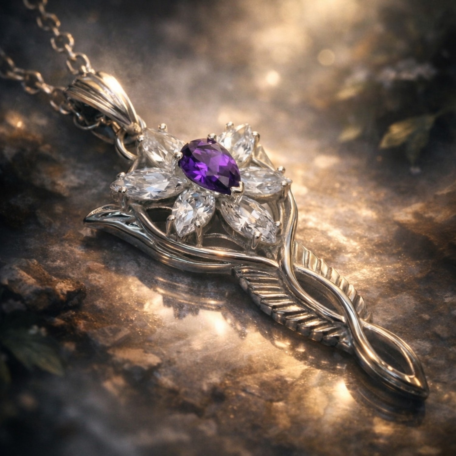 Official Arwen Evenstar pendant necklace in solid 925 sterling silver set with seven genuine natural non-heat-treated amethyst stones, claw-set, film-accurate proportions, New Line Productions licensed Lord of the Rings jewellery