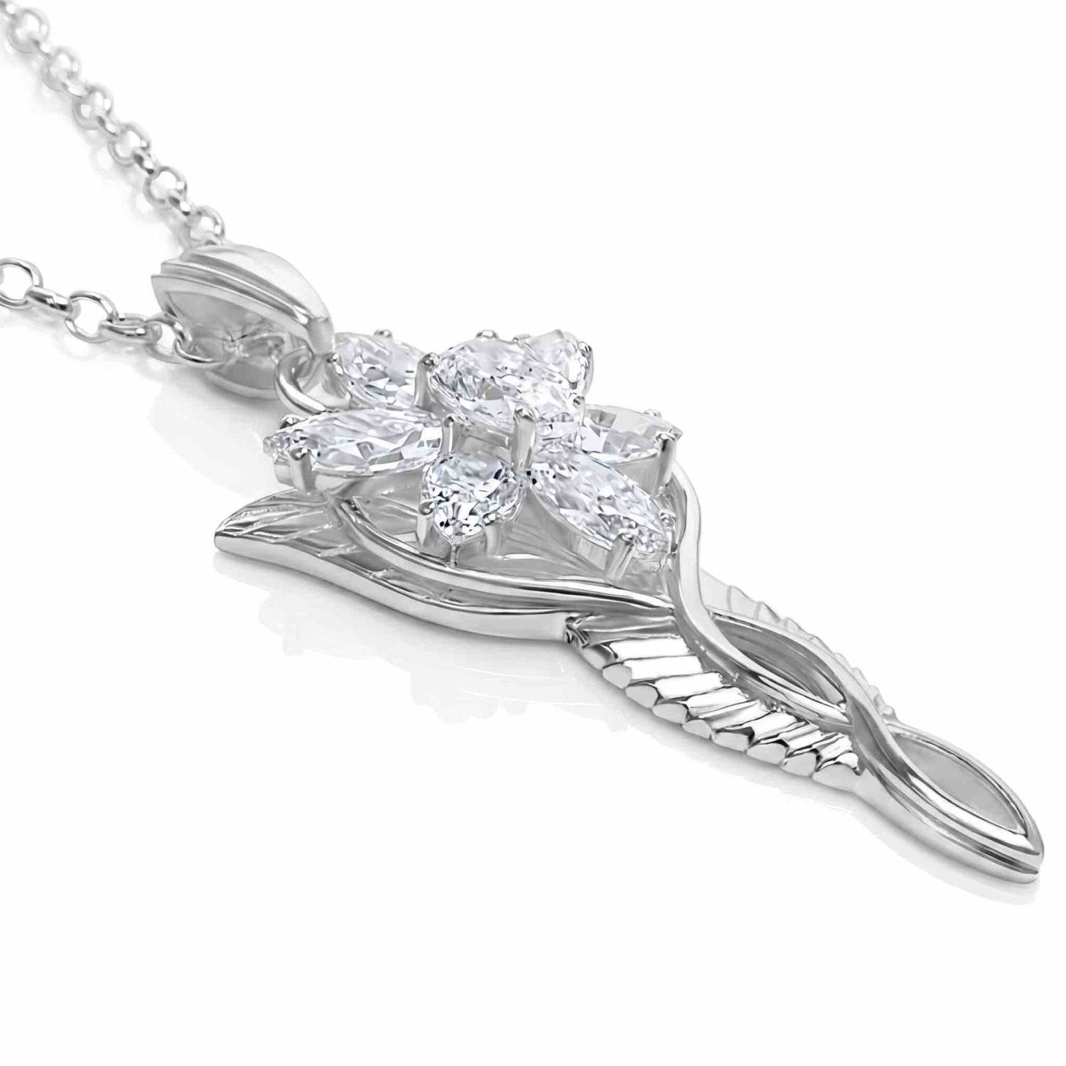 Official Arwen Evenstar Necklace — Sterling Silver Cubic Zirconia — New Line Productions Licensed LOTR Replica Official Arwen Evenstar pendant necklace in solid 925 sterling silver with claw-set cubic zirconia stones, film-accurate 6cm design, Warner Bros. licensed Lord of the Rings jewellery