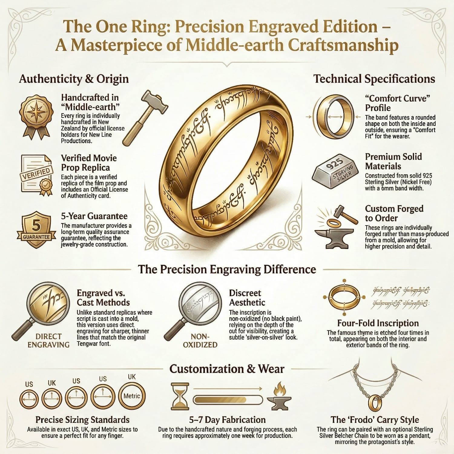 Lord of the Rings Gold One Ring with Fine Engraving The Official One Ring in Solid Gold with Fine Engraving-Lord of the Rings Jewelry-Elven Jewellery