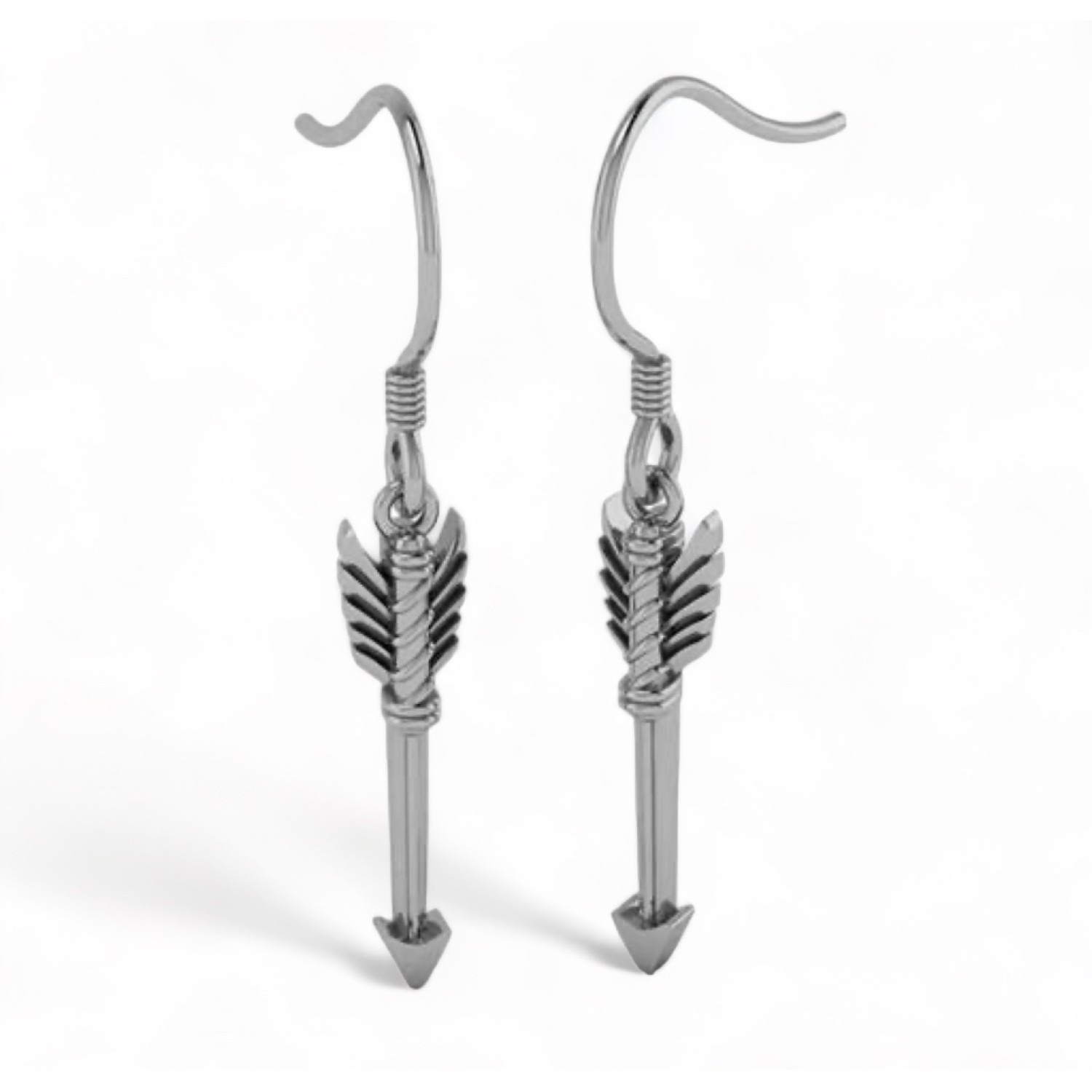 Official Legolas Greenleaf Arrow drop earrings in solid 925 sterling silver, available in 22mm and 30mm lengths, nickel-free hook fittings, New Line Productions licensed, made in New Zealand