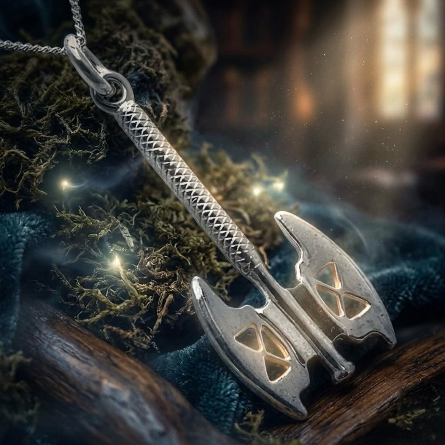 Official Gimli's Axe Pendant in solid 925 sterling silver, 48mm, double-bladed battle-axe of the Fellowship's Dwarf warrior, New Line Cinema licensed, made in New Zealand