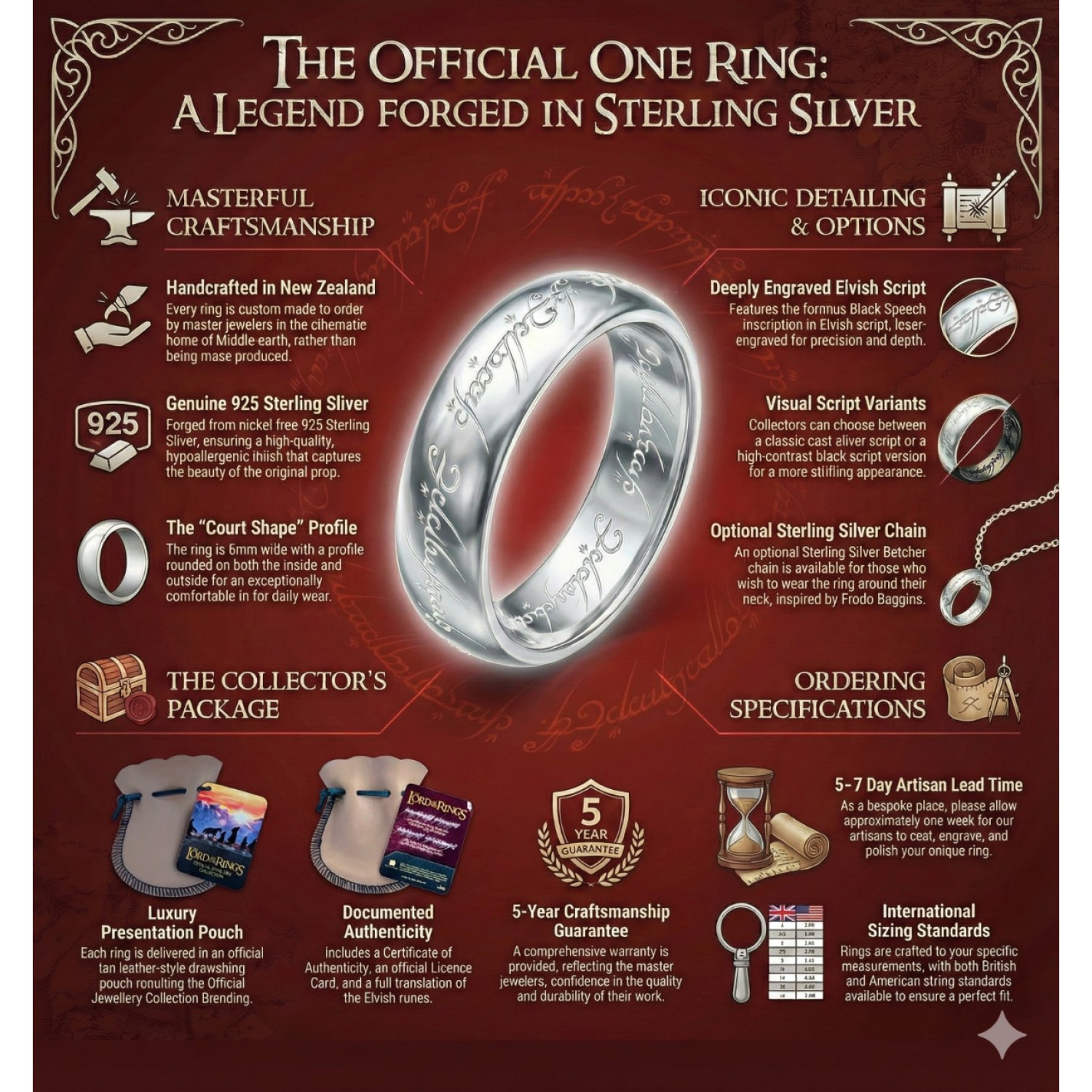 Official One Ring Sterling Silver Replica New Zealand Official Lord of the Rings One Ring replica in solid 925 sterling silver with cast engraved Black Speech inscription, 6mm Comfort Curve profile, made to order in New Zealand, New Line Productions licensed