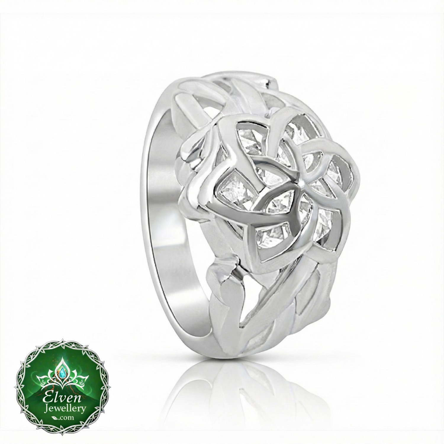 Official Nenya Ring of Galadriel White Gold Official Nenya Ring of Adamant in solid rhodium-plated white gold with cage setting and claw-set cubic zirconia, Lord of the Rings engagement ring, New Line Productions licensed, made in New Zealand