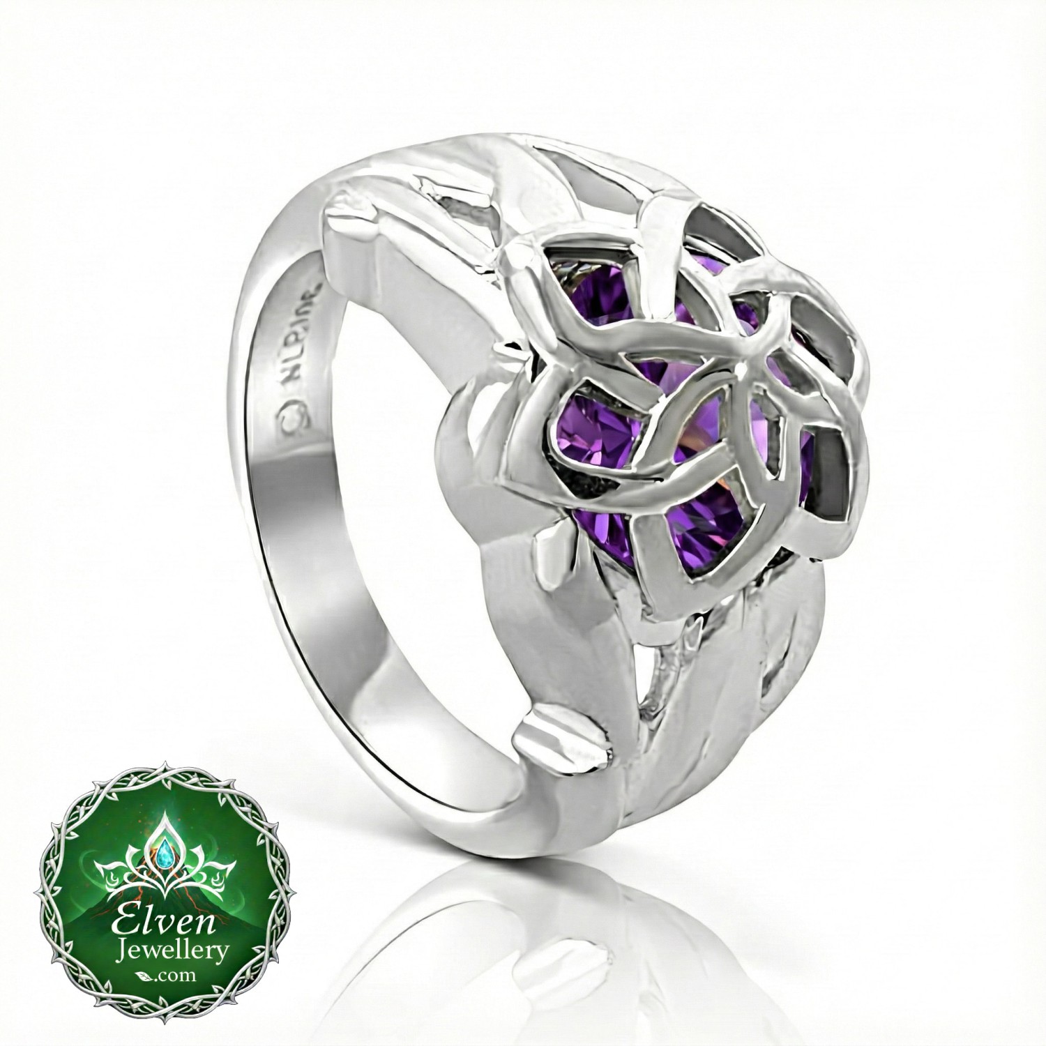 Official Nenya Ring of Galadriel in solid 925 sterling silver with cage-set cubic zirconia, Mallorn leaf design, handcrafted in New Zealand by Lord of the Rings licence holders — available in clear, blue, and purple stone