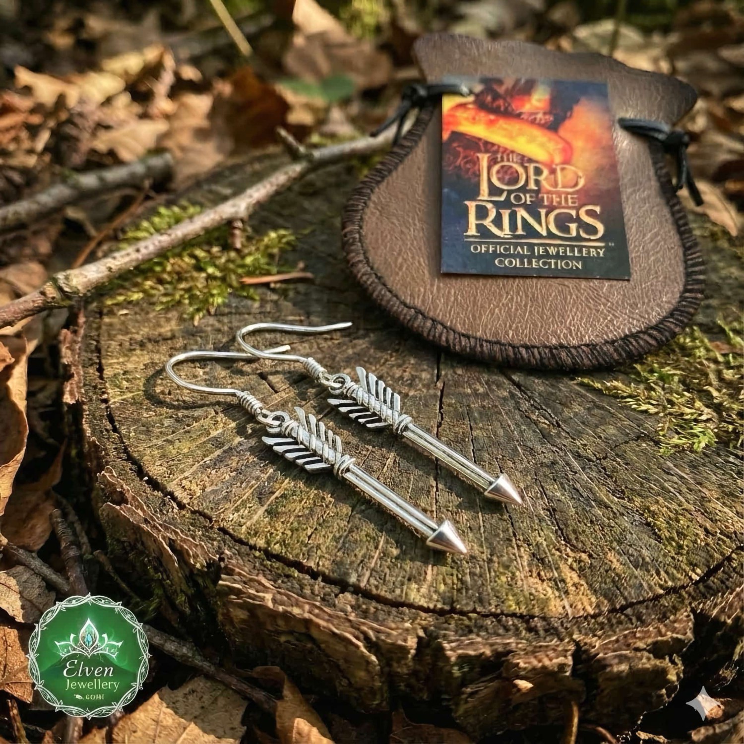 Official Legolas Greenleaf Arrow drop earrings in solid 925 sterling silver, available in 22mm and 30mm lengths, nickel-free hook fittings, New Line Productions licensed, made in New Zealand