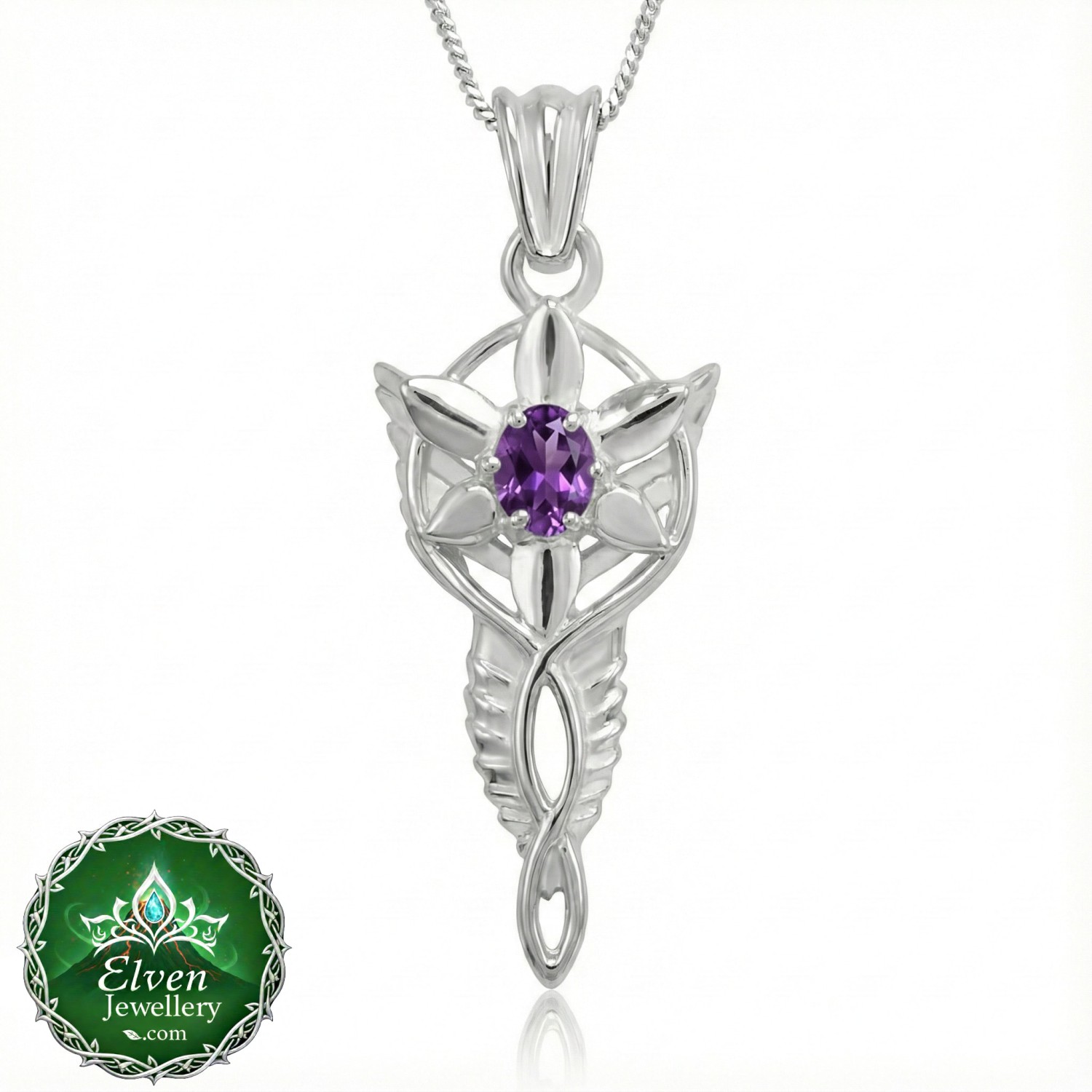 Official Arwen Evenstar Miniature Amethyst Pendant — Sterling Silver & Genuine Amethyst — lotrjewelry.com Official miniature Arwen Evenstar pendant necklace in solid 925 sterling silver with genuine natural amethyst centre stone and cubic zirconia star points, claw-set, 35mm, New Line Productions licensed Lord of the Rings jewellery