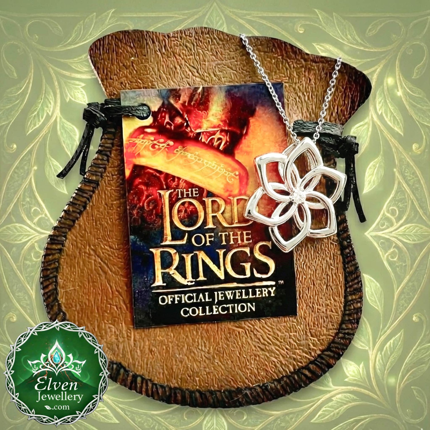 Official The Hobbit Galadriel Flower Pendant in solid 925 sterling silver with claw-set cubic zirconia centre, 30mm, New Line Productions licensed, made in New Zealand