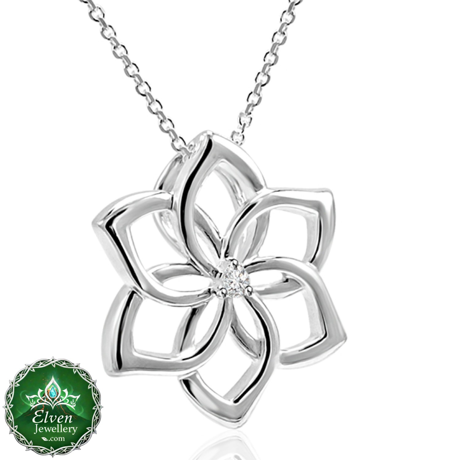 Official The Hobbit Galadriel Flower Pendant in solid 925 sterling silver with claw-set cubic zirconia centre, 30mm, New Line Productions licensed, made in New Zealand