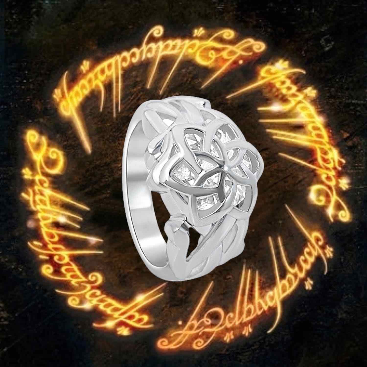 Shop the official Galadriel's Nenya White Gold Ring of Adamant from Lord of the Rings. This stunning piece of jewelry is crafted from solid white gold and features a sparkling cubic zirconia stone. Wear it as a symbol of your love for the fantasy world