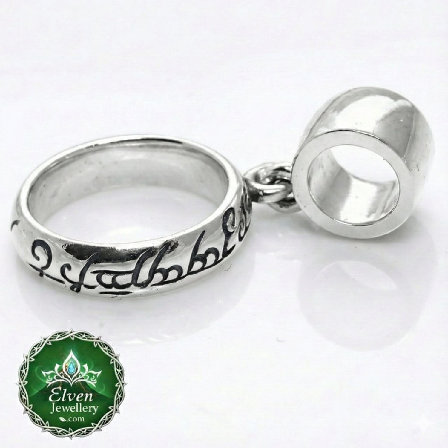 Official Lord of the Rings One Ring charm bracelet bead in solid 925 sterling silver, 5mm core Pandora compatible, laser engraved Black Speech inscription, 15mm diameter, New Line Productions licensed