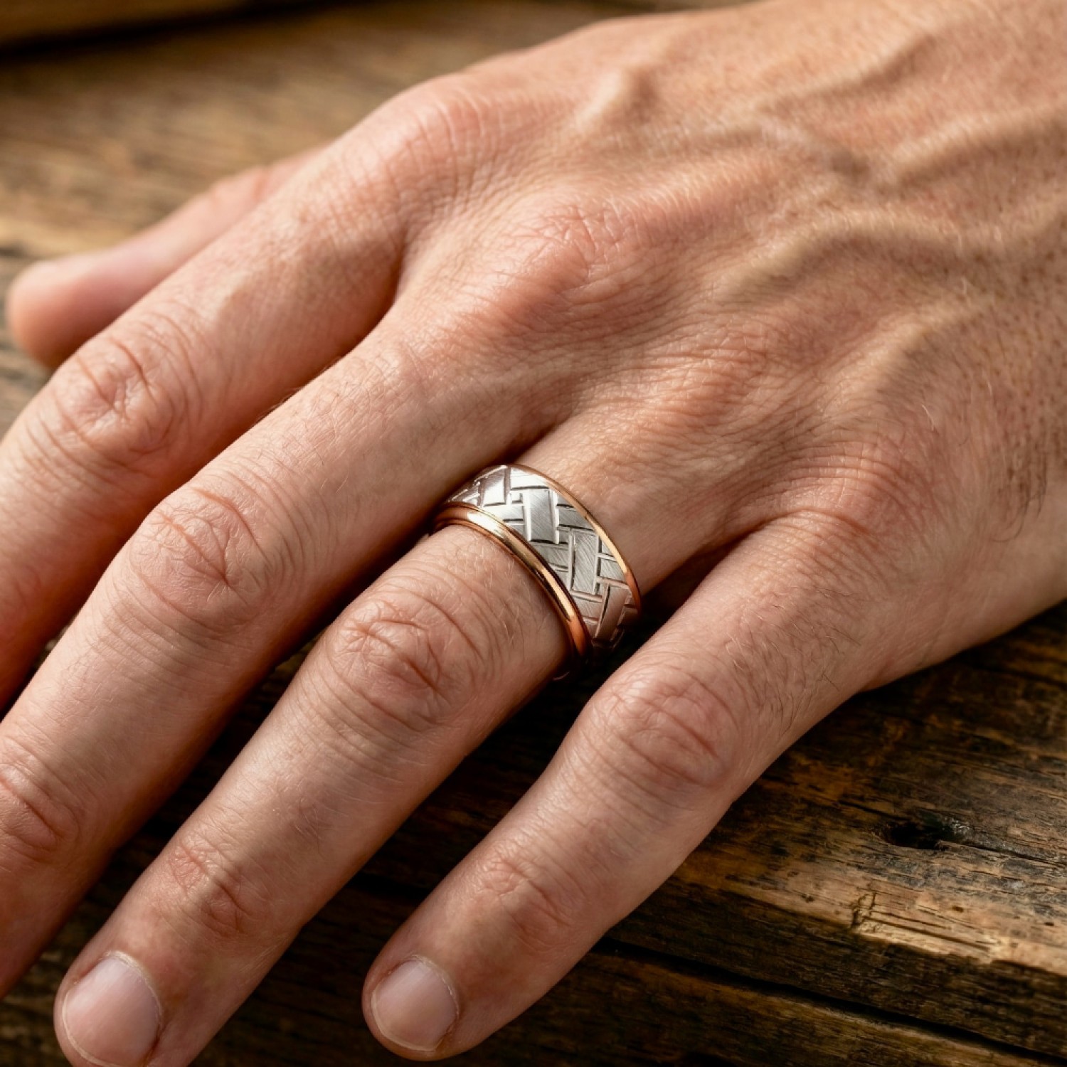 Close-up of a men's custom wedding ring. The band is 6mm wide with a two-tone construction. The outer rails and interior are high-polish 9k yellow gold. The center channel features a white gold insert with a matte satin finish and a deep-etched diagonal b