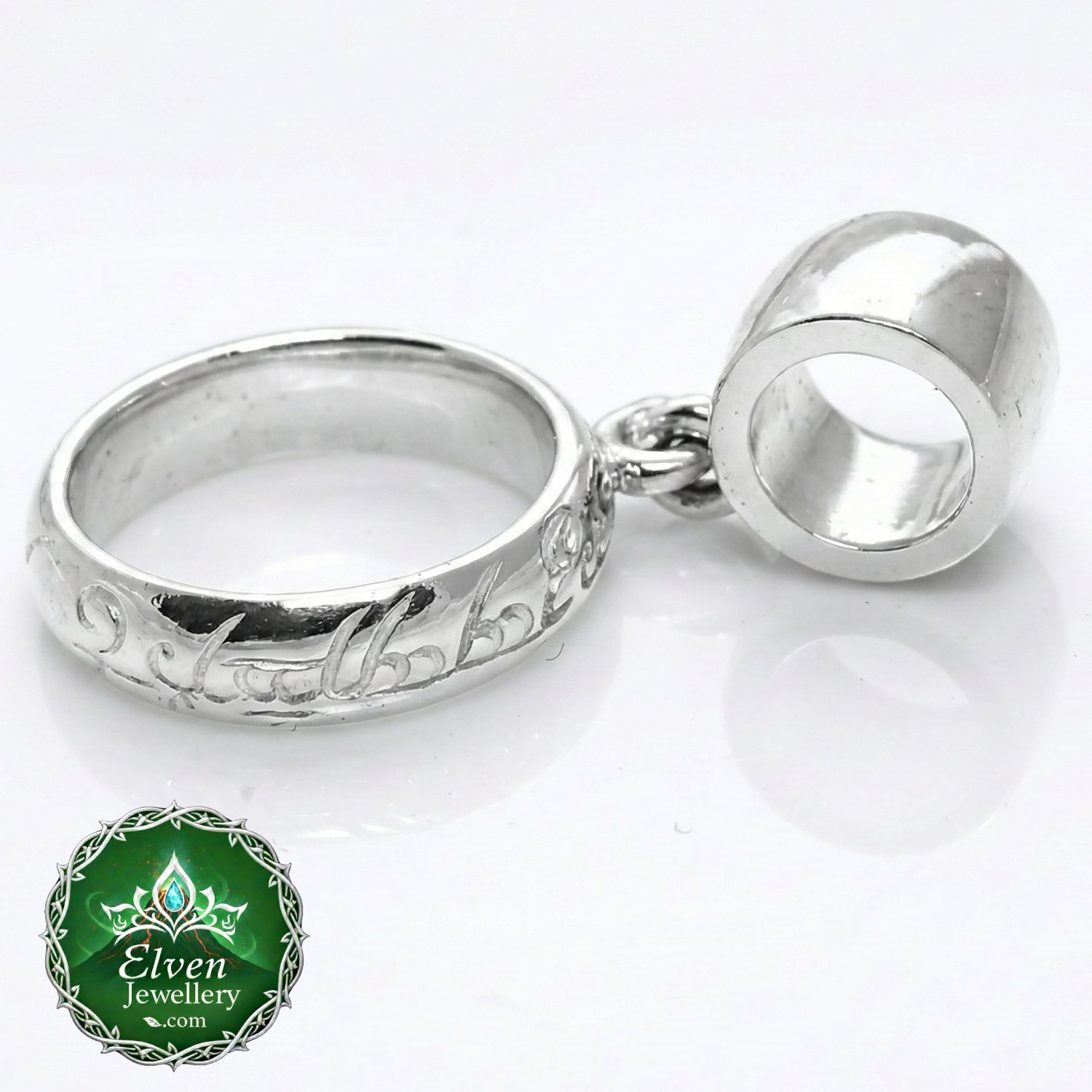 Official Lord of the Rings One Ring charm bracelet bead in solid 925 sterling silver, 5mm core Pandora compatible, laser engraved Black Speech inscription, 15mm diameter, New Line Productions licensed