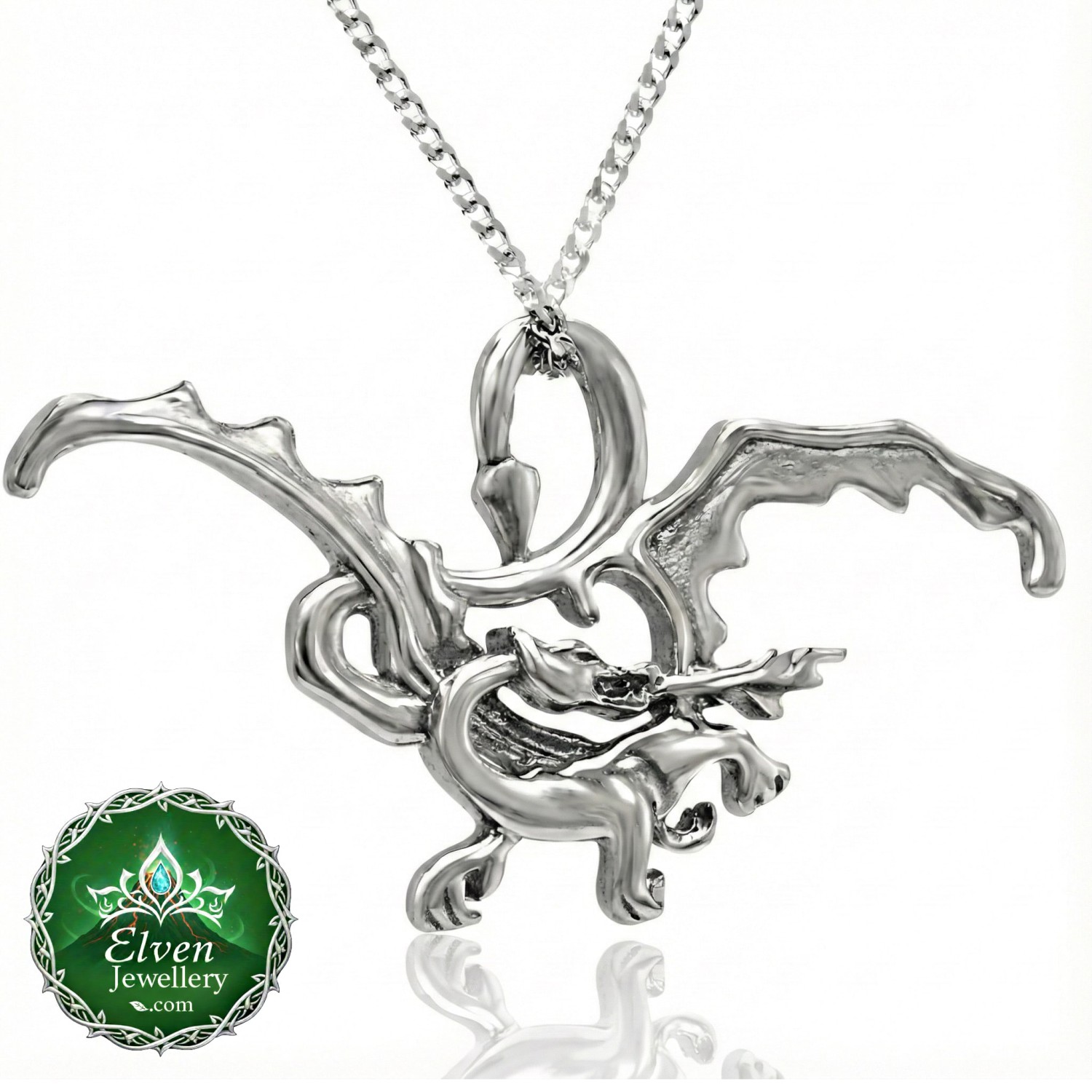 Official Smaug the Magnificent sterling silver pendant necklace, 35mm × 20mm coiled dragon form, The Hobbit, New Line Productions licensed, made in New Zealand